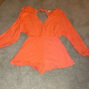 Fashion Nova Orange Overlay Romper with Sleeves